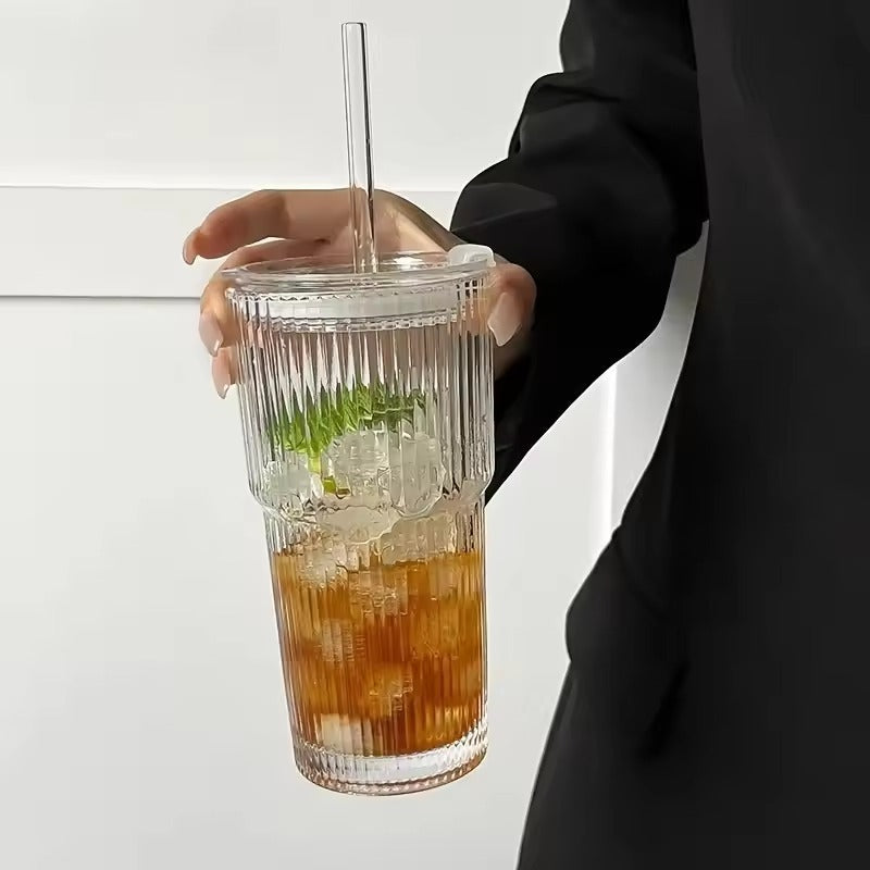 1 Set Elegant Clear Glass Coffee Cups with Straws & Lids - 13.53\u002F20.29oz Large Capacity