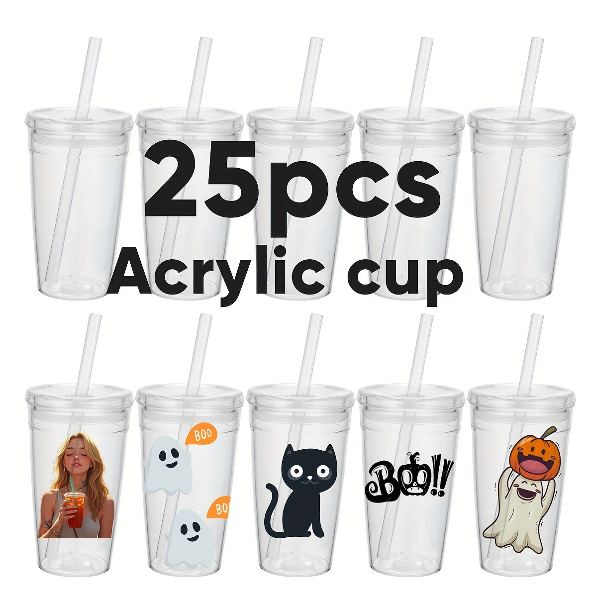 25pcs 50pcs Rounded Bottom Blank Uv Vinyl Print Reusable 500ml 16oz Clear Acrylic Plastic Coffee Tea Tumbler Cups with Lids And Straw for Juice Smoothie Matcha