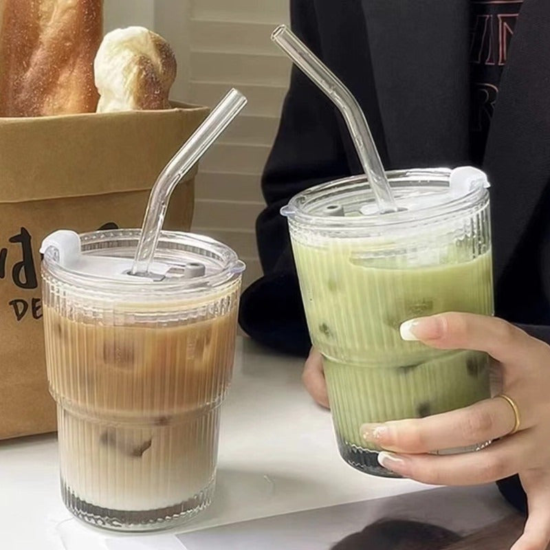 1 Set Elegant Clear Glass Coffee Cups with Straws & Lids - 13.53\u002F20.29oz Large Capacity