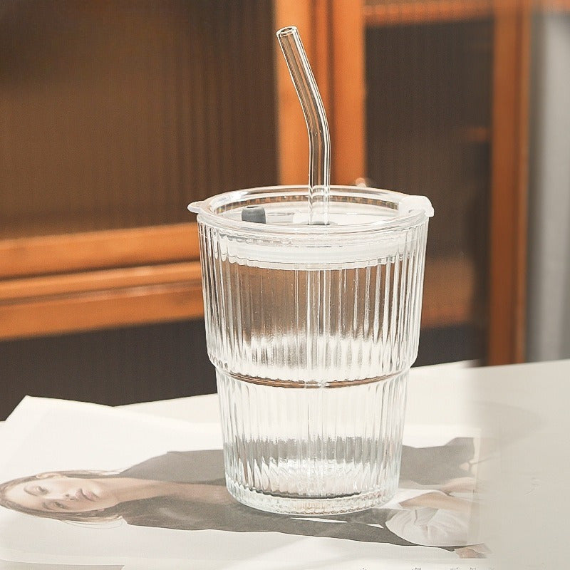 1 Set Elegant Clear Glass Coffee Cups with Straws & Lids - 13.53\u002F20.29oz Large Capacity