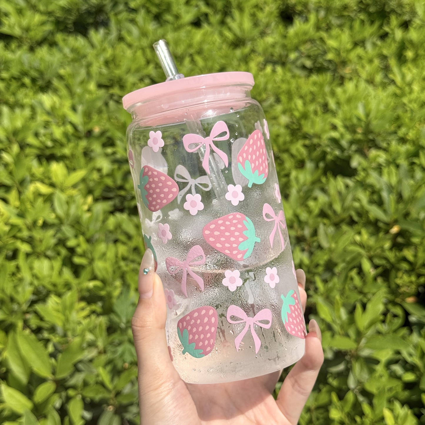 1pc Strawberry Floral Cup HILAKE 1pc 16oz Strawberry Floral Cup with Built-in Straw | Pastel Pink