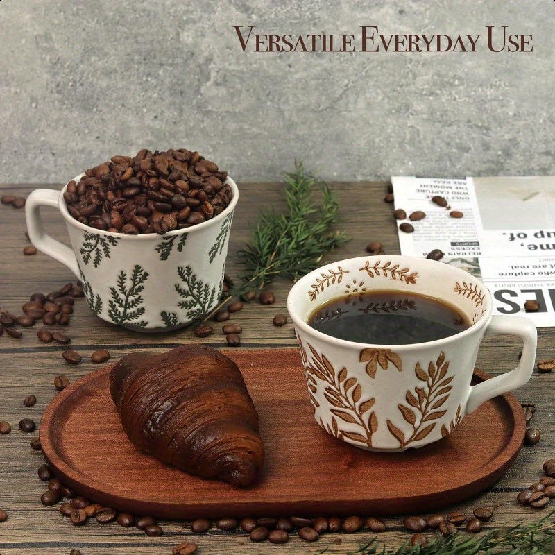 Ceramic Coffee Mug 12 oz Novelty Unique Teacup with Large Handle Stoneware Cup for Tea Mocha Latte Cappino Espresso Set of 2 Ivy and Leaf