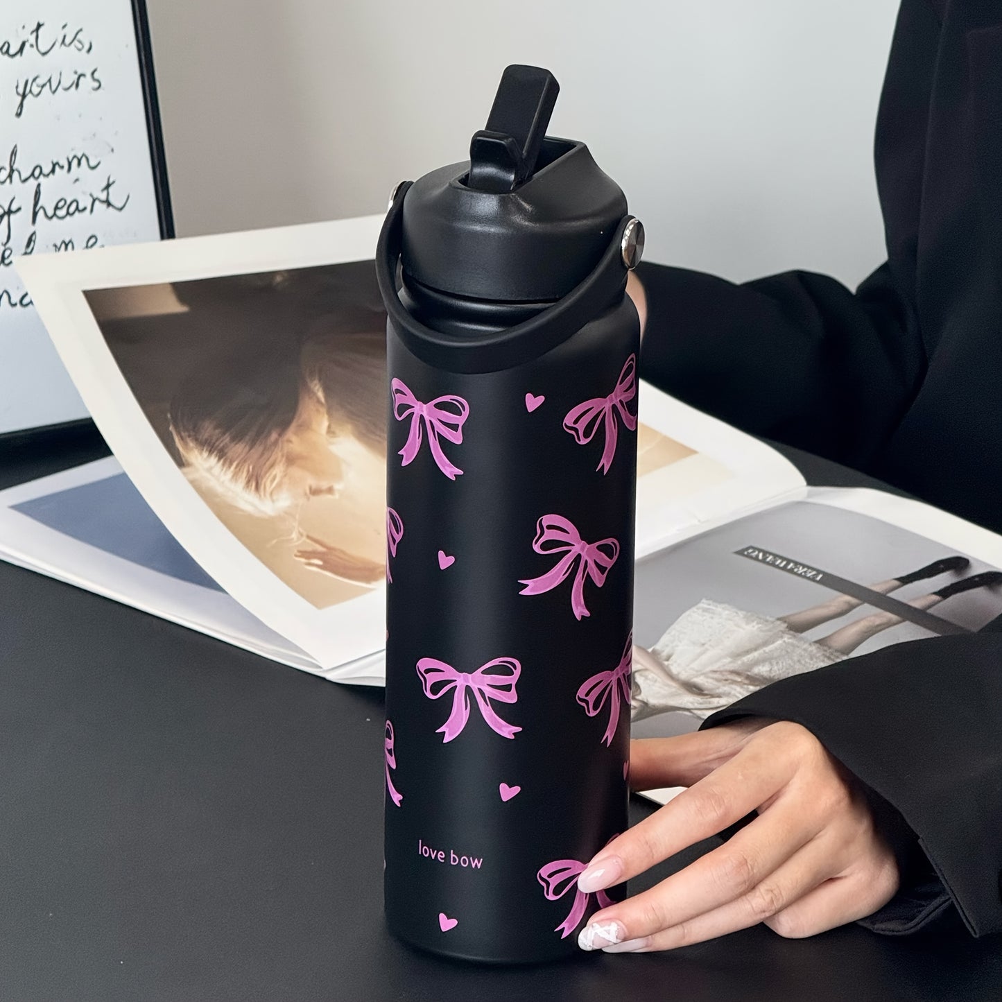 HILAKE Large 800ml\u002F27oz Stainless Steel Insulated Water Bottle & Coffee Cup - Thermal Flask with Elegant Pastel Pink Bow Design