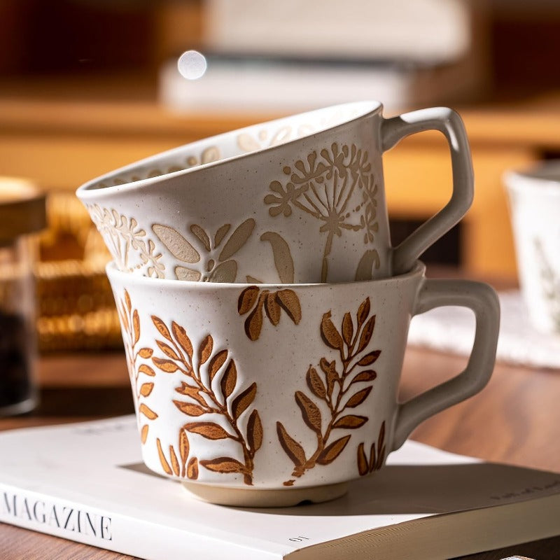 Coffee Mugs Set of 4 with Gold Spoon 11 oz Porcelain Mug Ceramic Tea Cups with Handle for Men Women Handpainted Mug Birthday Housewarming Wedding Gift Dishwasher Microwave Safe