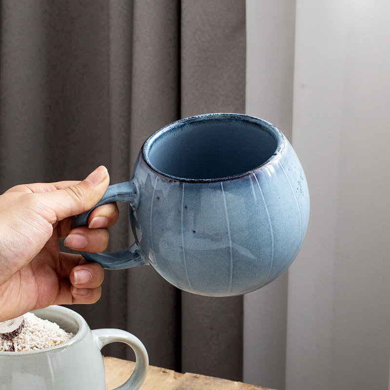 6pcs Spherical Ceramic Mug with Hand-painted Lines, Coffee Cup, Milk Cup, Water Cup, Breakfast Oatmeal Cup, Holiday Gift, 14.88oz\u002F440ml