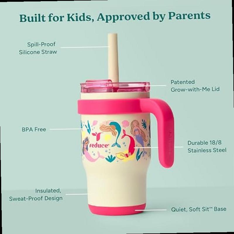 REDUCE 14 Oz Coldee Kids Tumbler with Lid and Straw Coldee Insulated Travel Mug Spill Proof Sweatproof Stainless Steel BPA Free Includes Handle Reusable Silicone Straw Pink Mermaid