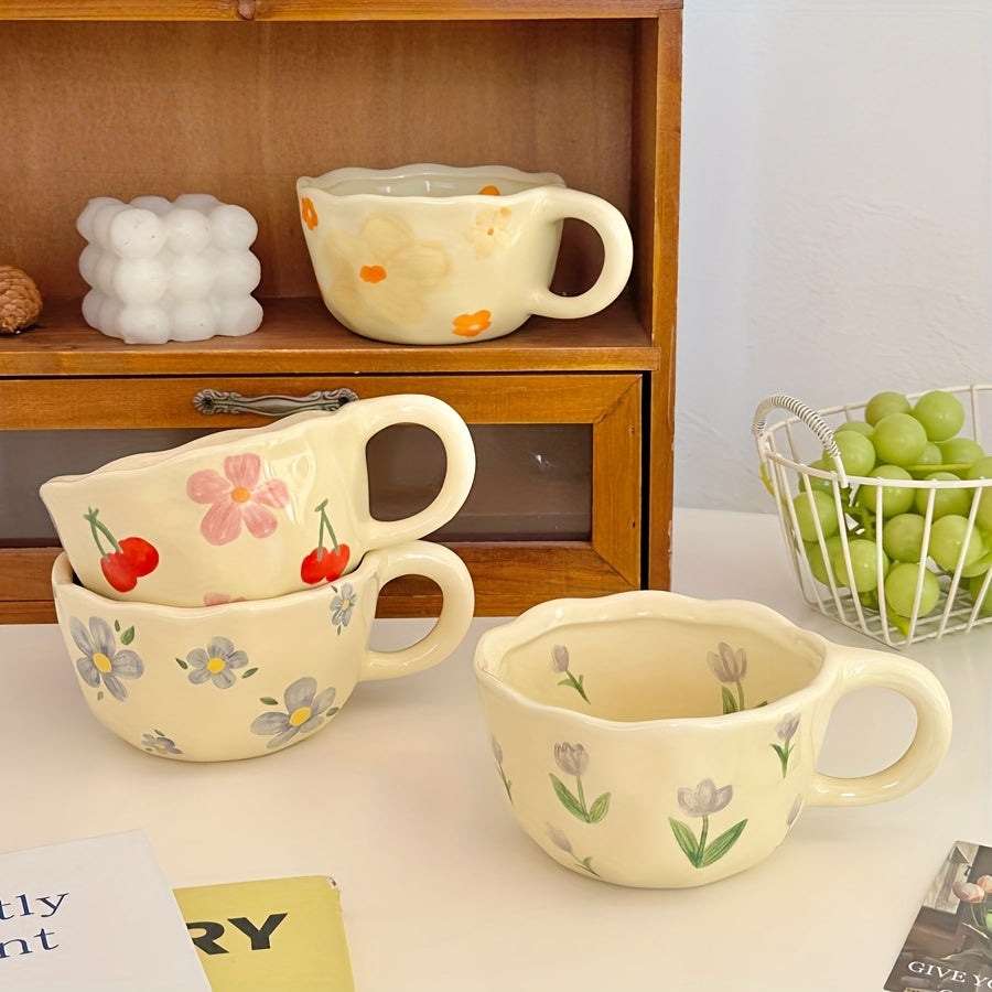 4pcs 250ml Ceramic Mug, Flower Pattern Ceramic Coffee Cup, Suitable for Home, Office