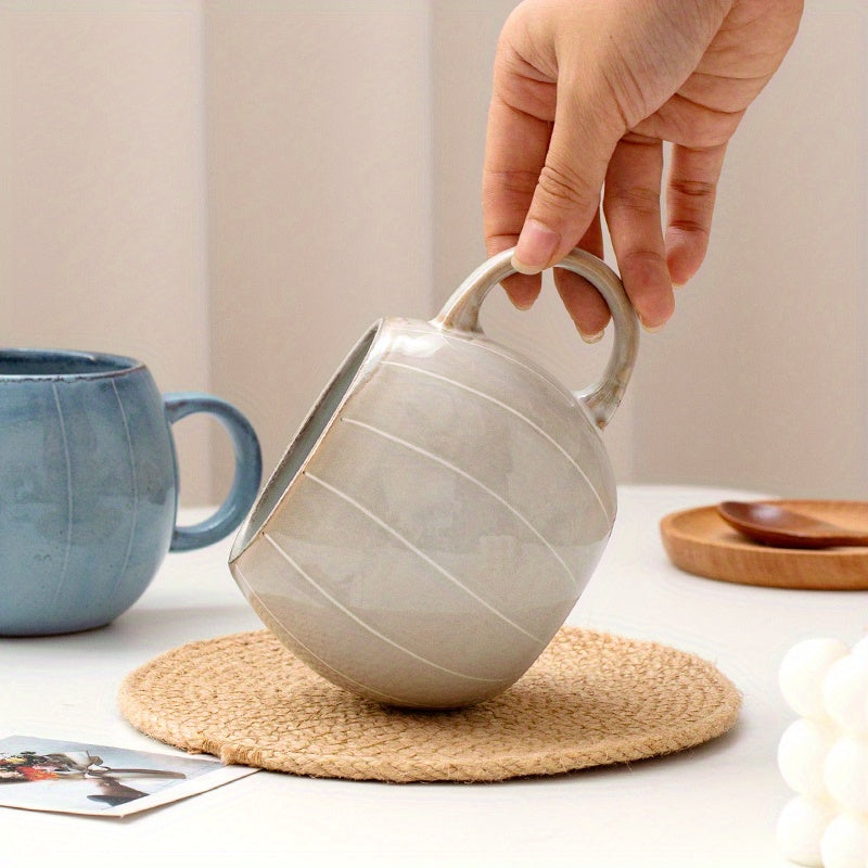 6pcs Spherical Ceramic Mug with Hand-painted Lines, Coffee Cup, Milk Cup, Water Cup, Breakfast Oatmeal Cup, Holiday Gift, 14.88oz\u002F440ml