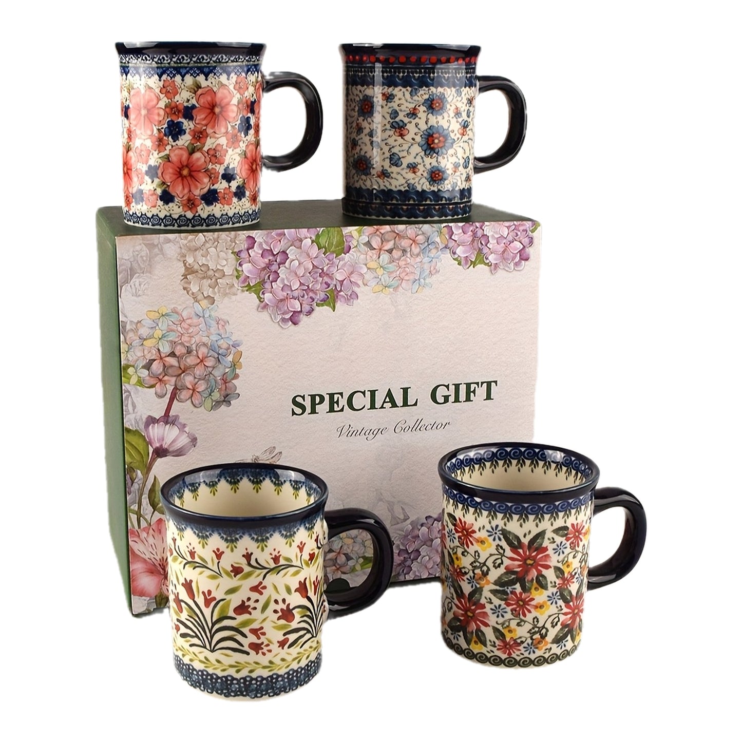 A Set of Gift Hand Painted Vintage Style Flower Pattern Ceramic Coffee Mug, 14oz Mug, Water Cup, Milk Mug, Ceramic Tea Cups with Unique Design for Hot or Cold Drinks