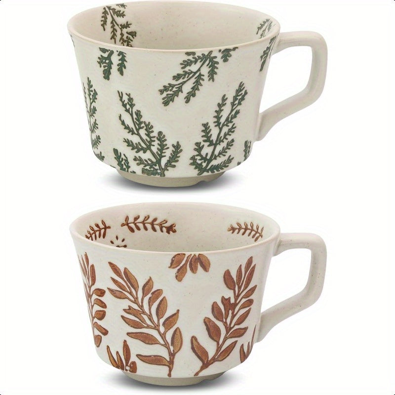 Ceramic Coffee Mug 12 oz Novelty Unique Teacup with Large Handle Stoneware Cup for Tea Mocha Latte Cappino Espresso Set of 2 Ivy and Leaf