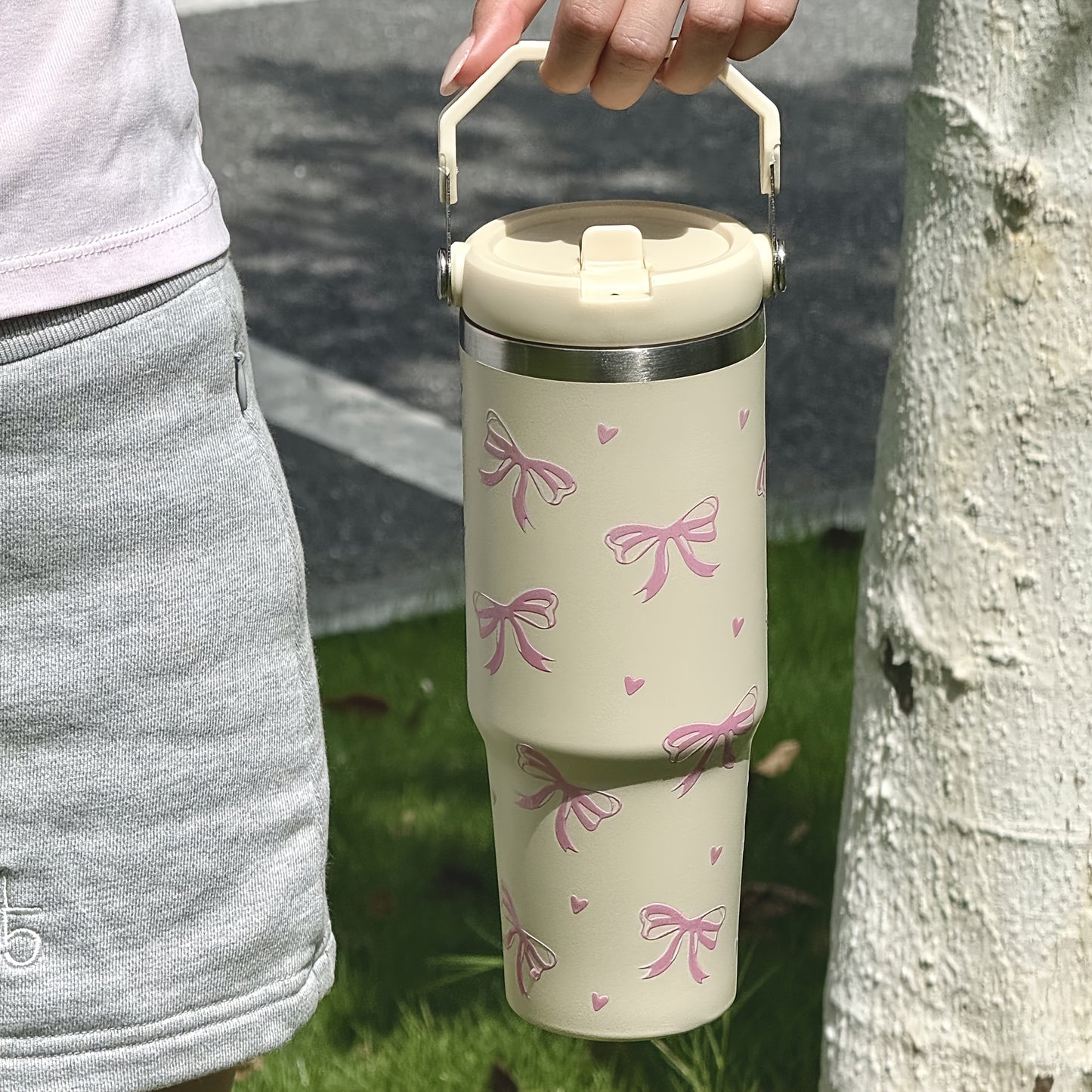Insulated Travel Flask HILAKE 30oz Insulated Travel Flask with Handle - 1pc Leakproof Thermos for Hot\u002FCold Drinks, Beige & Pink Water Bottle, Cute Gift for Back to School, Weddings, Parties, Christmas, Thanksgiving, Mother's Day, Birthday