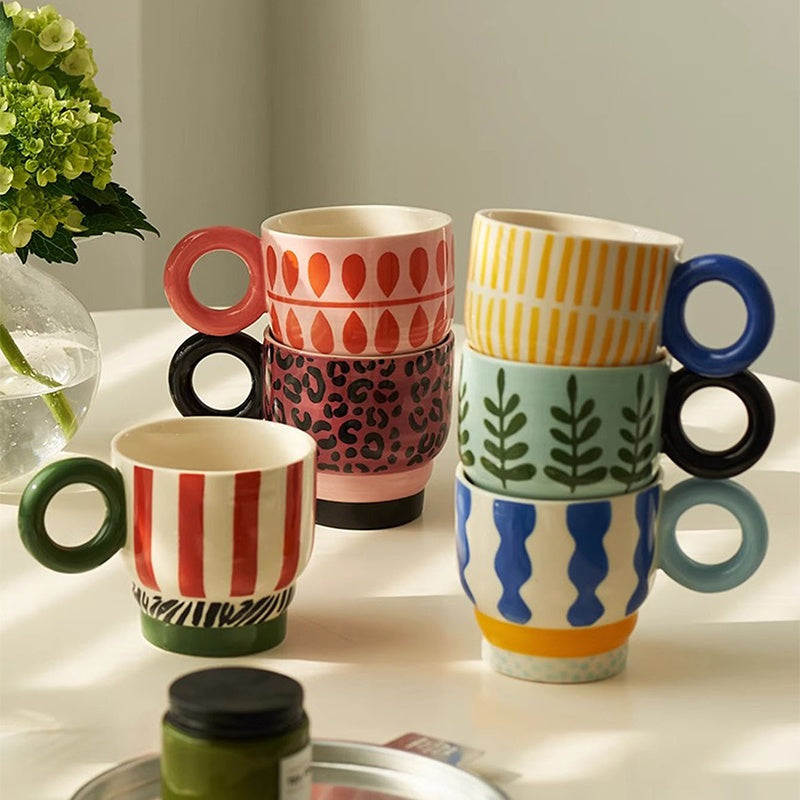 1pc Ceramic Hand-Painted Mug with Creative Ring Handle Design, Stylish Home Decor Cup for Tea