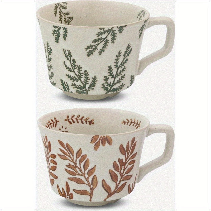 Ceramic Coffee Mug 12 oz Novelty Unique Teacup with Large Handle Stoneware Cup for Tea Mocha Latte Cappino Espresso Set of 2 Ivy and Leaf