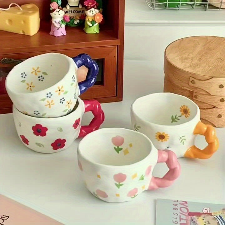 4pcs 1set Twist Braid Handle Flower Mug, Cute Irregular Art Coffee Cup, Suitable for Breakfast, Milk and Afternoon Tea, Reusable Kitchen Supplies, Family Gifts, Couple Cups, Family Cups, Christmas, New Year, Valentine's Day, Holiday Gifts