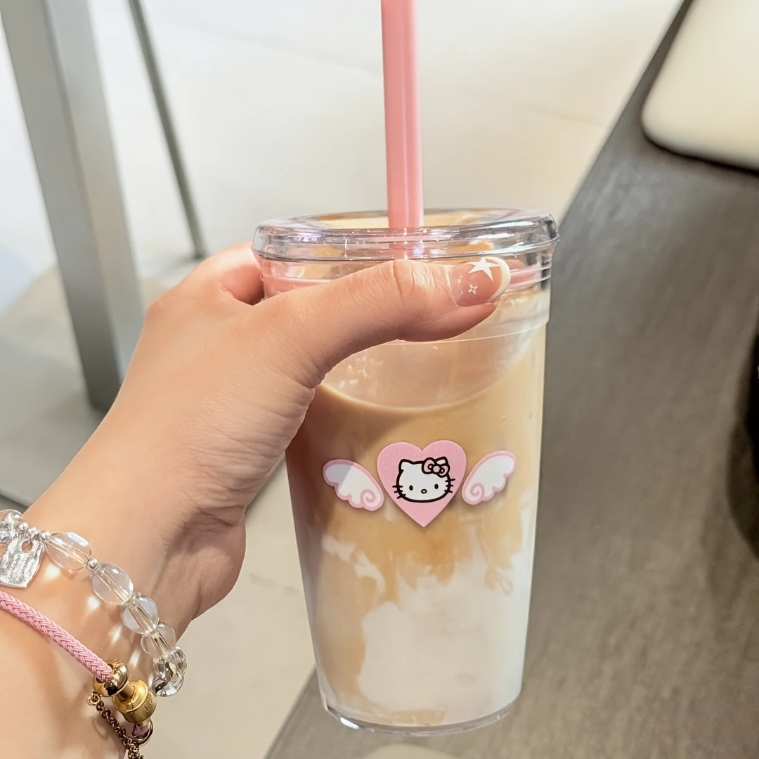 1pc Sanrio Hello Kitty 450ml Durable PC Plastic Water Bottle with Straw - Portable Reusable Cute Pink Design for Summer