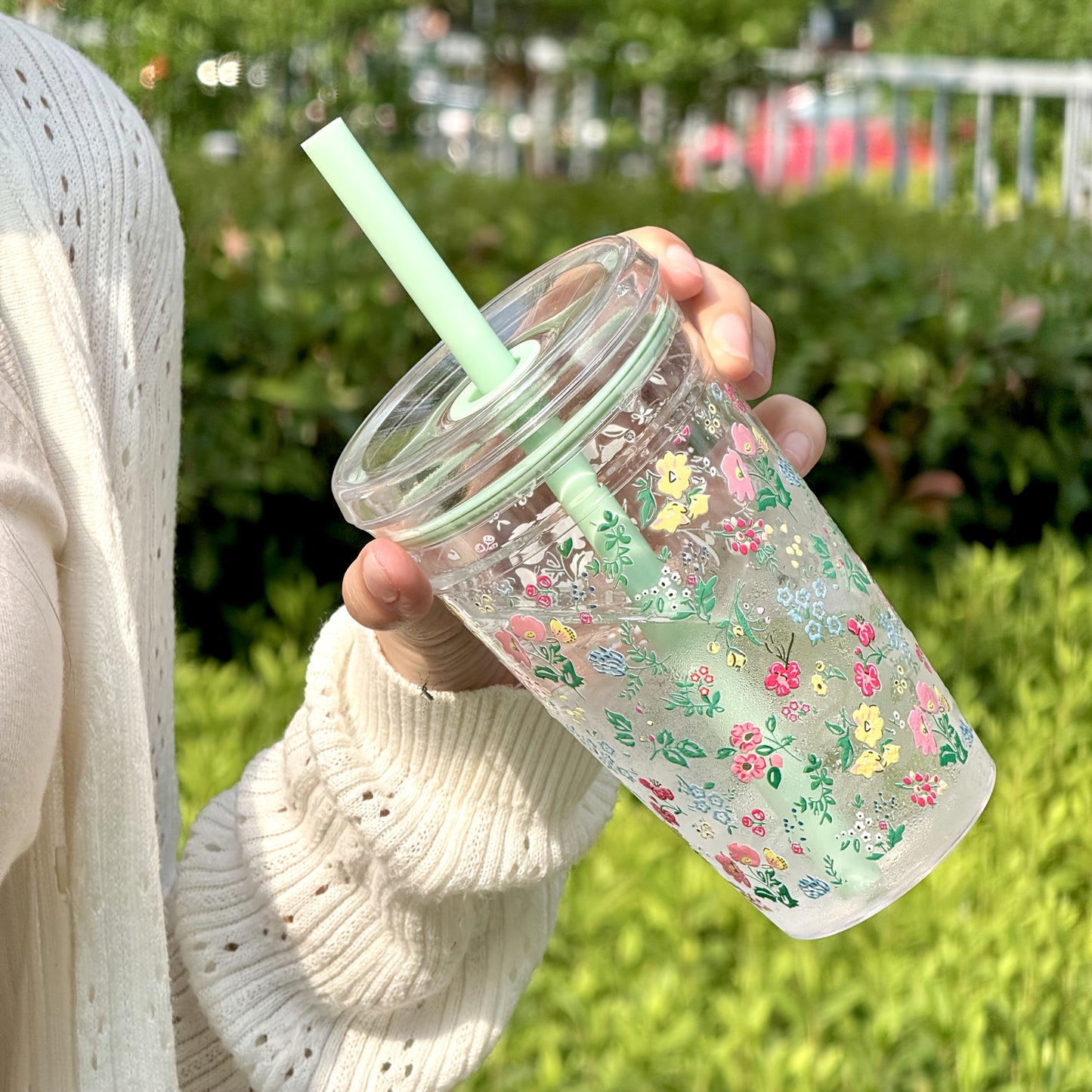 HILAKE 16oz Vintage Floral & Leaf Travel Cup with Straw & Lid - Reusable Durable PC Tumbler