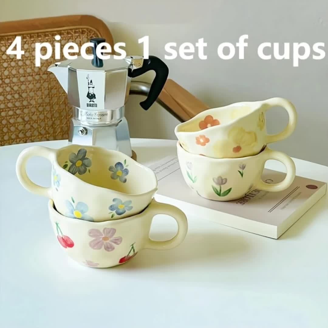 4pcs Floral Ceramic Mug Set, Handcrafted Irregular Shaped Coffee Cups, Multipurpose Reusable Flower Patterned Cups for Christmas, Thanksgiving, Valentine's, Father'S & Mother'S Day - Material, Machine Washable