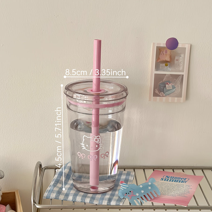 1pc Sanrio Hello Kitty 450ml Durable PC Plastic Water Bottle with Straw - Portable Reusable Cute Pink Design for Summer
