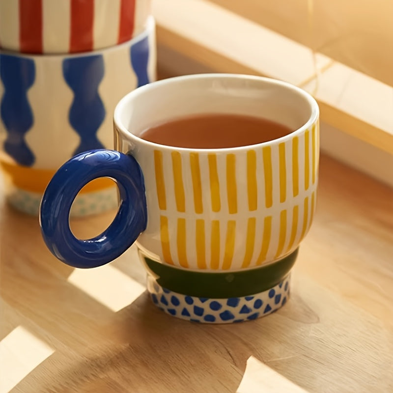 1pc Ceramic Hand-Painted Mug with Creative Ring Handle Design, Stylish Home Decor Cup for Tea