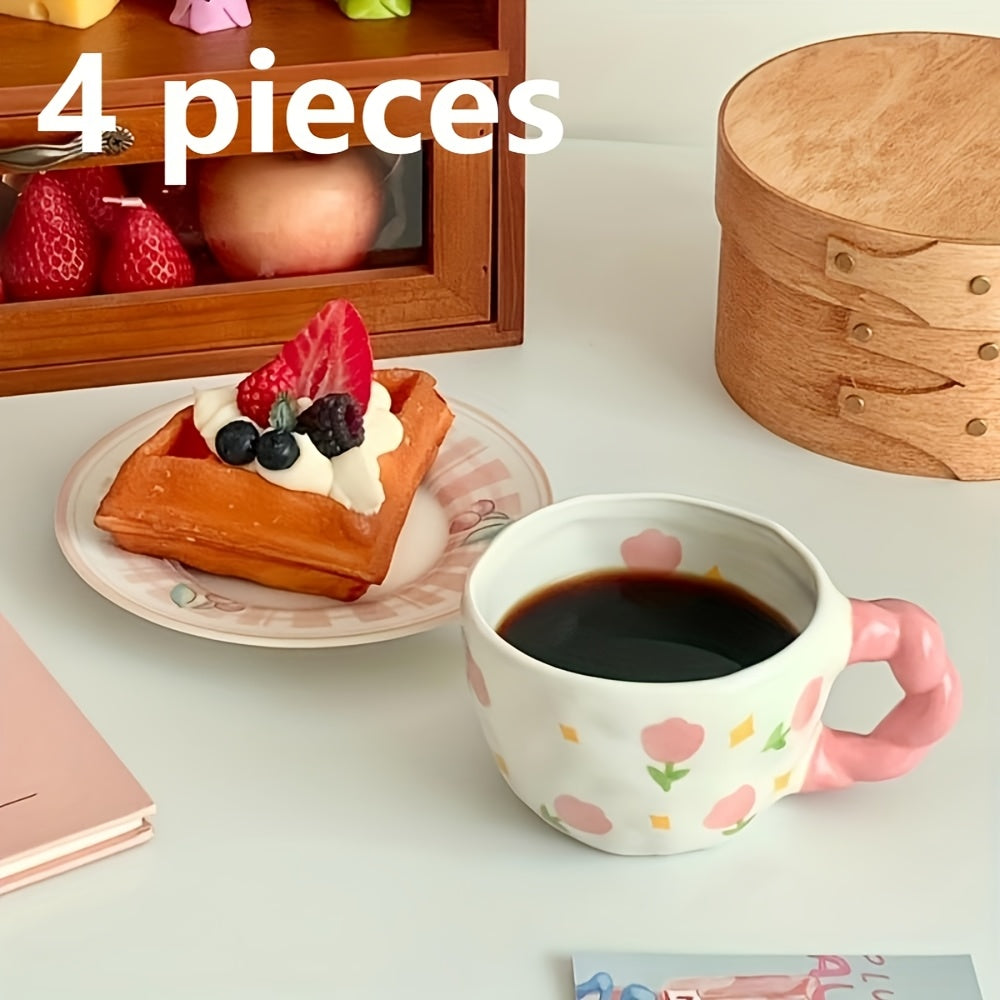 4pcs 1set Twist Braid Handle Flower Mug, Cute Irregular Art Coffee Cup, Suitable for Breakfast, Milk and Afternoon Tea, Reusable Kitchen Supplies, Family Gifts, Couple Cups, Family Cups, Christmas, New Year, Valentine's Day, Holiday Gifts