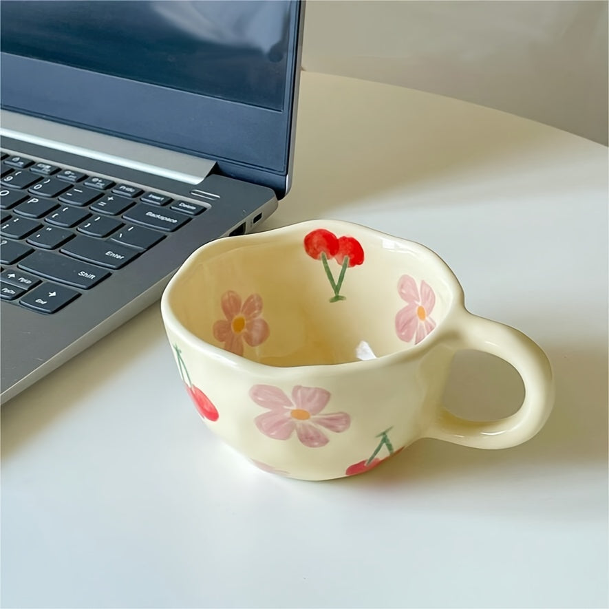 4pcs Floral Ceramic Mug Set, Handcrafted Irregular Shaped Coffee Cups, Multipurpose Reusable Flower Patterned Cups for Christmas, Thanksgiving, Valentine's, Father'S & Mother'S Day - Material, Machine Washable