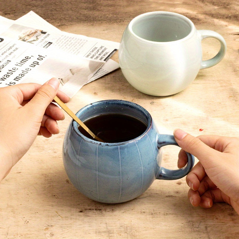 6pcs Spherical Ceramic Mug with Hand-painted Lines, Coffee Cup, Milk Cup, Water Cup, Breakfast Oatmeal Cup, Holiday Gift, 14.88oz\u002F440ml