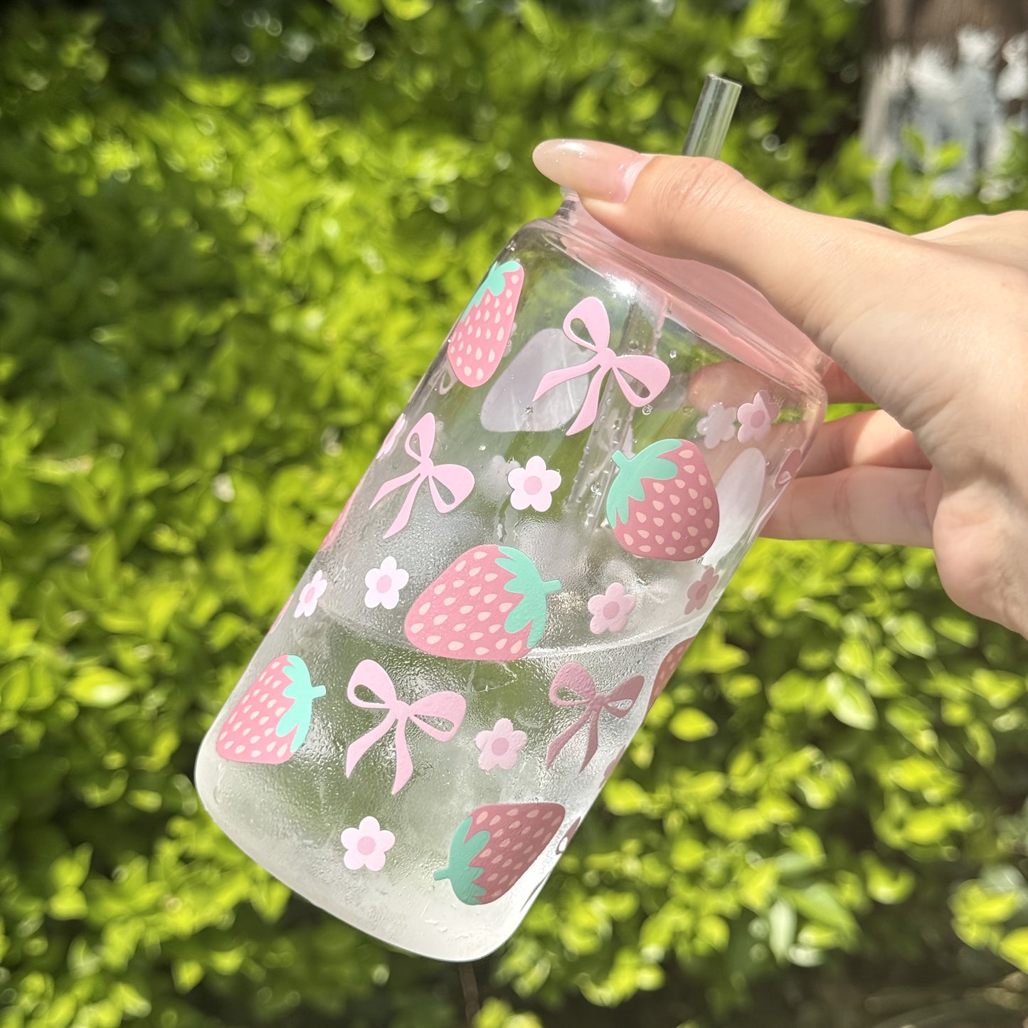 1pc Strawberry Floral Cup HILAKE 1pc 16oz Strawberry Floral Cup with Built-in Straw | Pastel Pink
