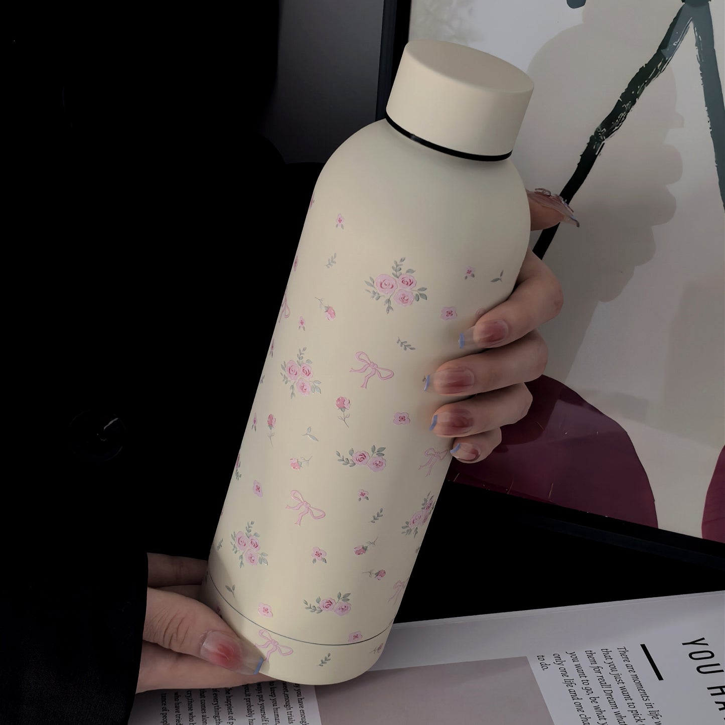 1pc Bowknot Rose Floral Series Double-Layer Stainless Steel Insulated Tumbler, Vacuum Flask & Thermos Bottle for Travel and Outdoor Use