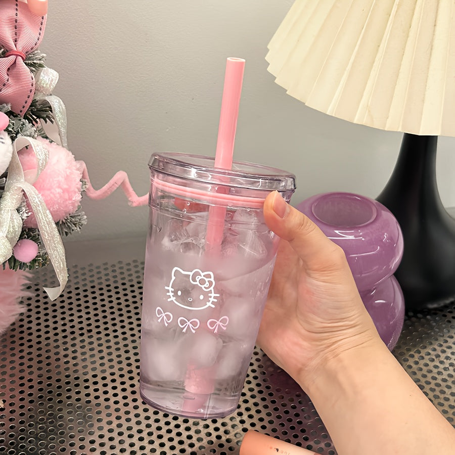 1pc Sanrio Hello Kitty 450ml Durable PC Plastic Water Bottle with Straw - Portable Reusable Cute Pink Design for Summer