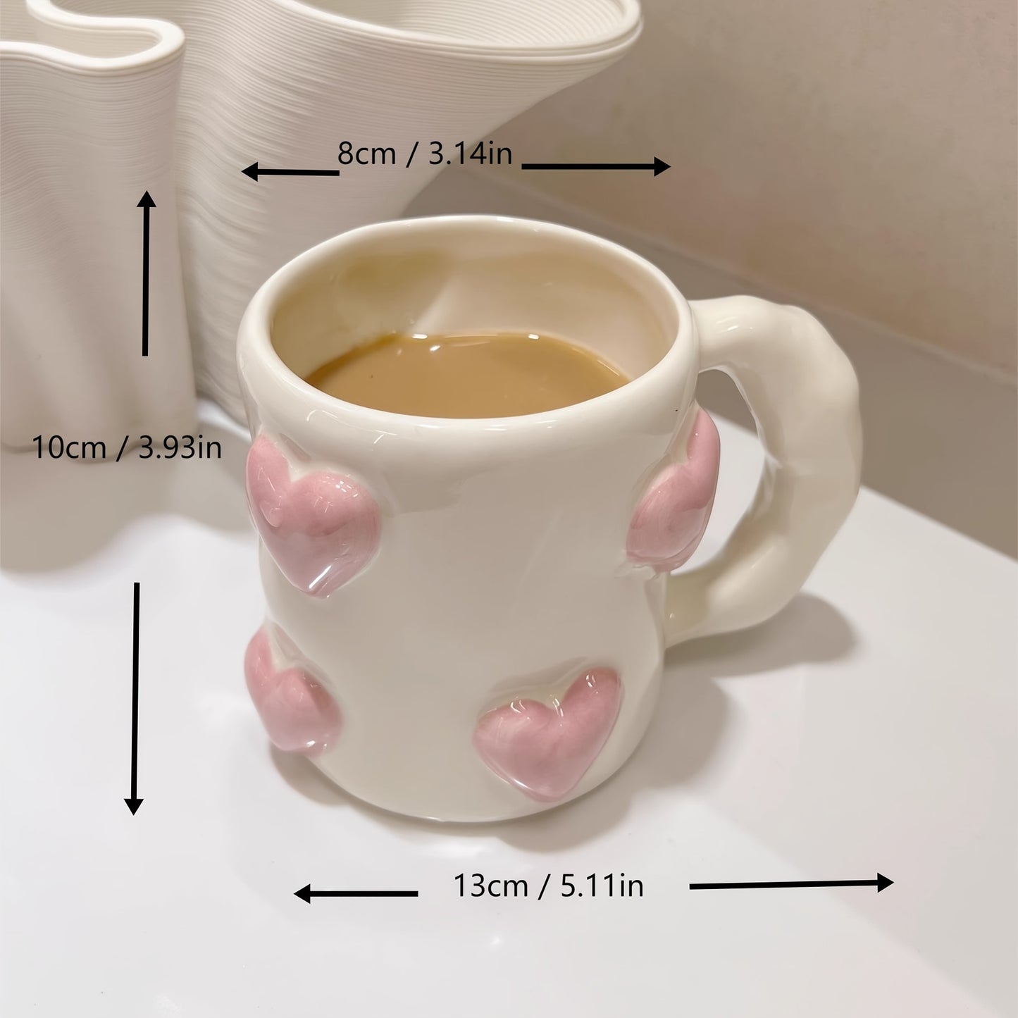 Hand-Painted | Ceramic Reusable High-Quality Hand-Painted Ceramic Coffee Mug with Pink Heart Design | Microwave Safe, White Interior, Perfect for Gifts | Playful Design, Glossy Finish Mug, Coffee Bar Accessories