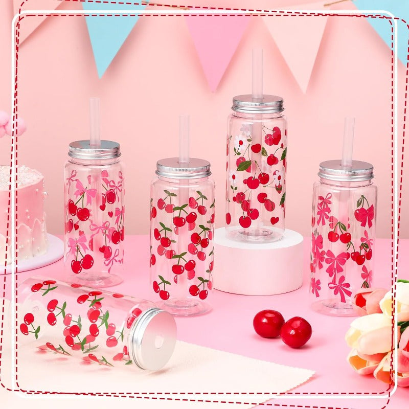 24 Pcs Coquette Bow Aesthetic Cup Pink Bow Plastic Tumbler with Lids and Straws Reusable Cute Plastic Cups for Women Birthday Bridal Shower Wedding Party Supplies Cherry13.5oz