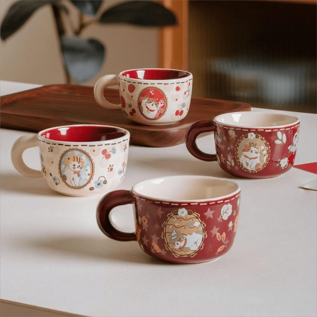 Vintage Cute Money-Grabbing Cat Coffee Mug - Ceramic Kitten Design with Red Bow Tie, Insulated