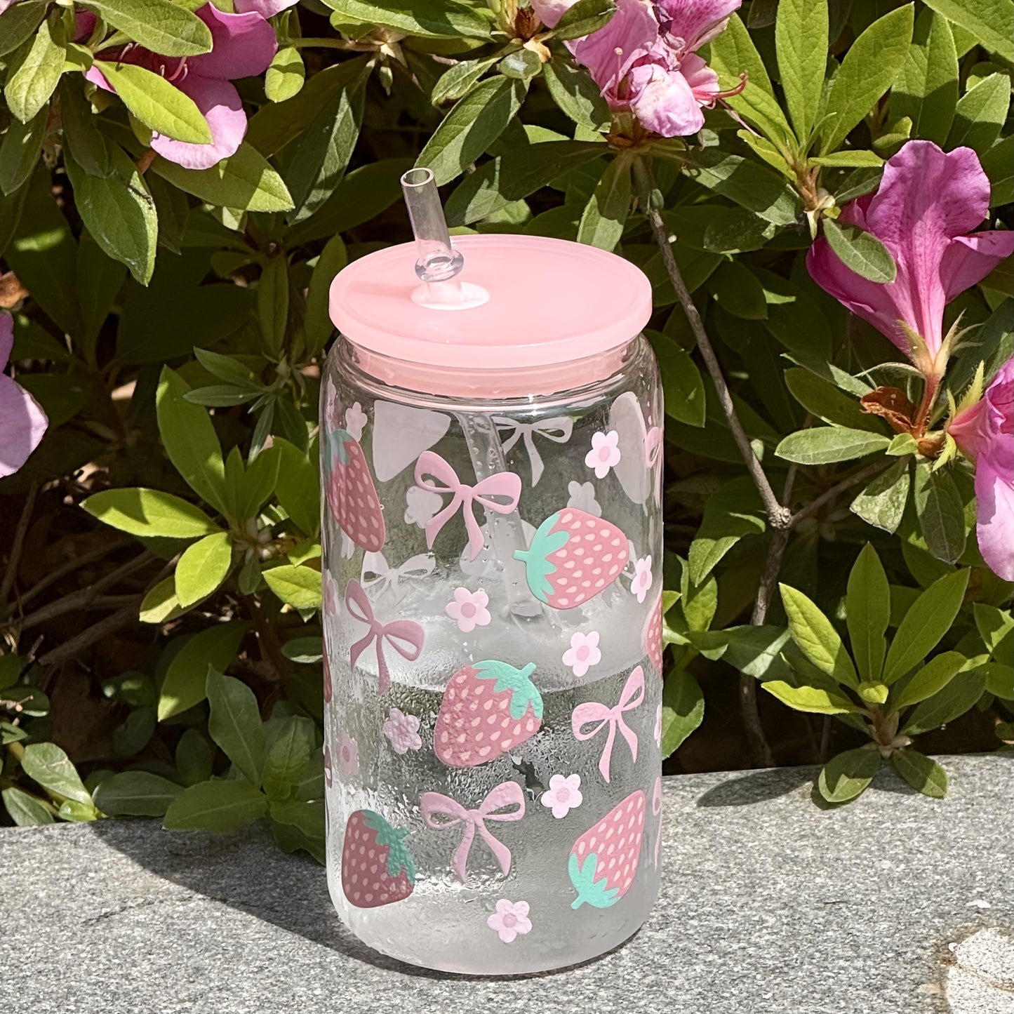 1pc Strawberry Floral Cup HILAKE 1pc 16oz Strawberry Floral Cup with Built-in Straw | Pastel Pink