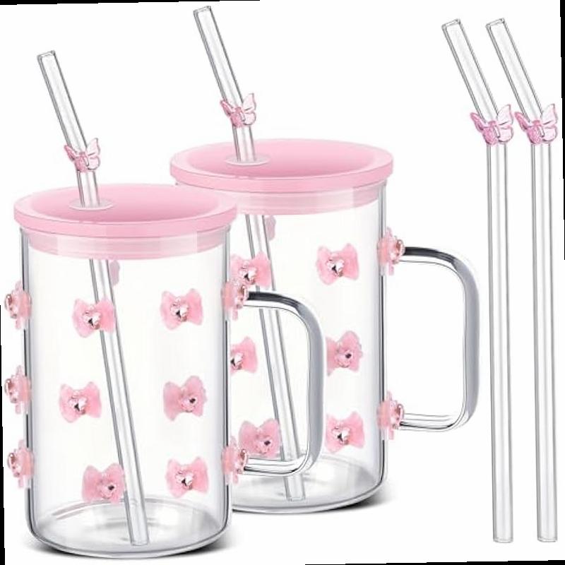 Skylety 2 Pcs Coquette Bow Glass Cups with Handle 3D Diamond Pink Bow Cup with Lid and Straw 17 oz Coquette Aesthetic Iced Coffee Drinking Tumbler for Women Girls Sister Friend Party Favor Gift