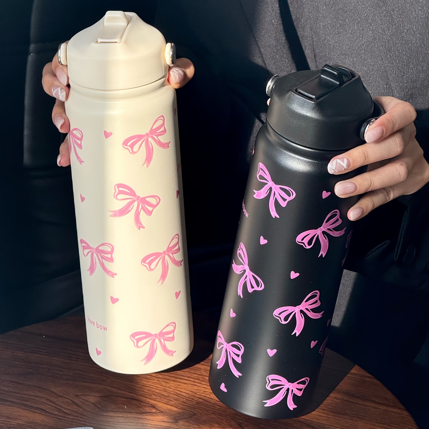 HILAKE Large 800ml\u002F27oz Stainless Steel Insulated Water Bottle & Coffee Cup - Thermal Flask with Elegant Pastel Pink Bow Design