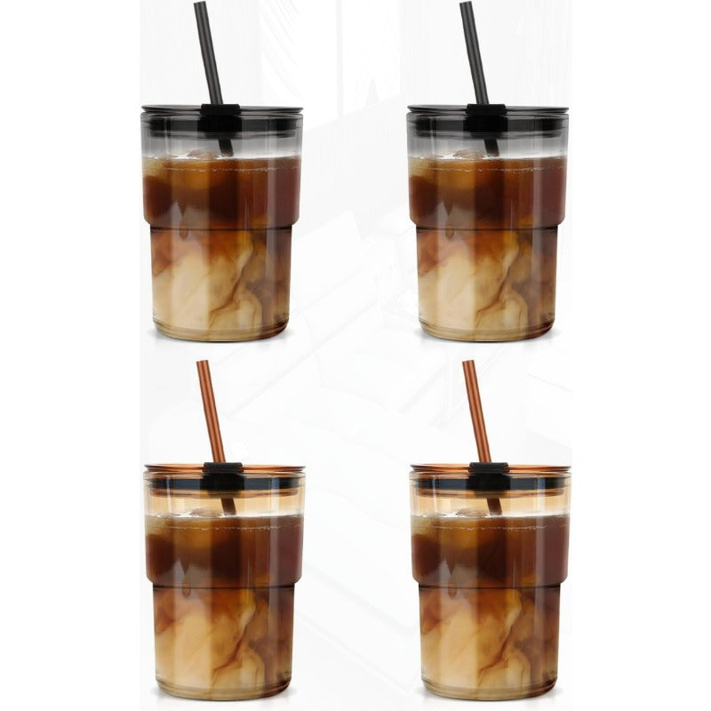 13oz Tumbler Water Glass Cups with Straw and Lid 4 Pack Reusable Glass Tumbler for Iced Tea Coffee Sealed CarryOn Travel Cups for Office Party Camping and Outdoor