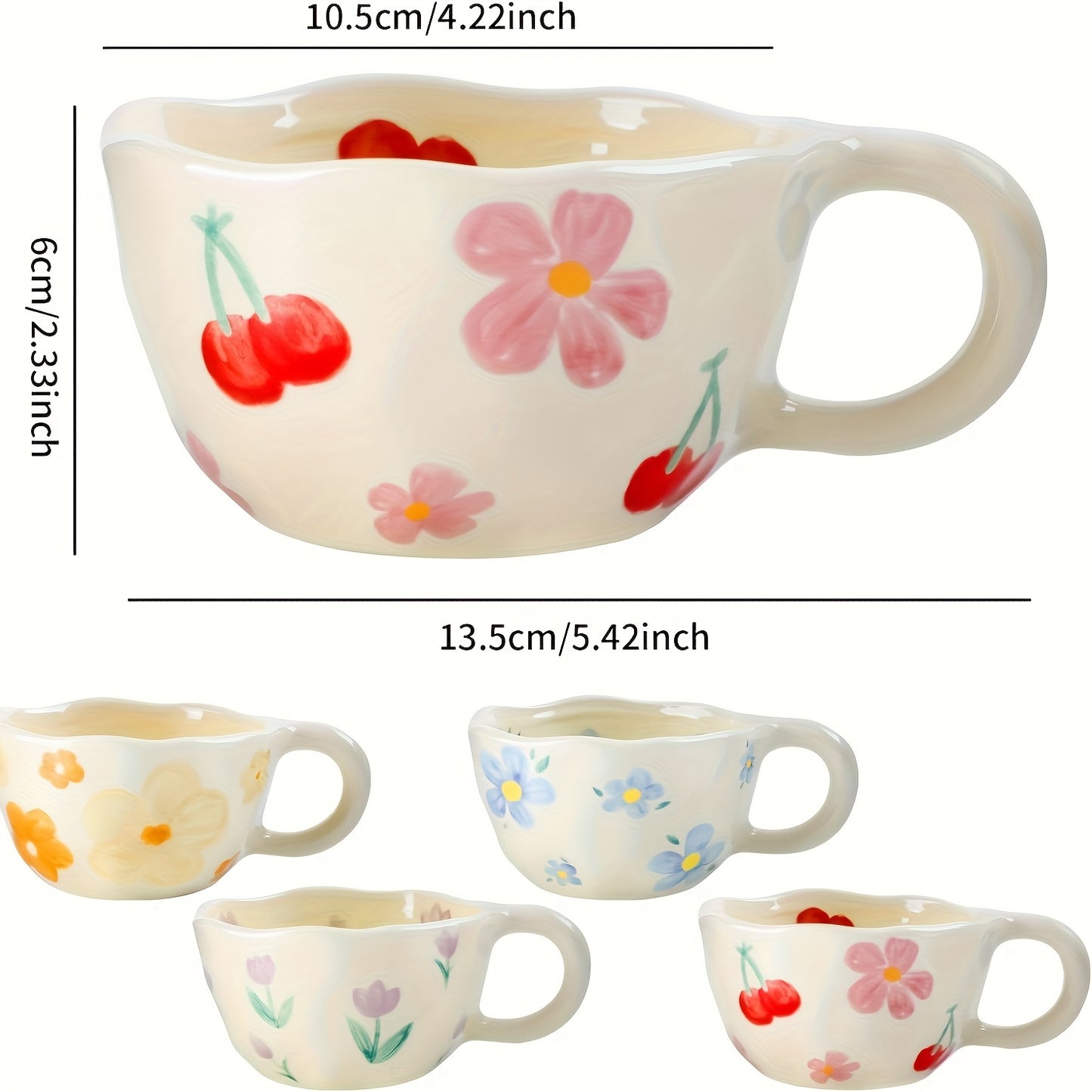 4pcs 250ml Ceramic Mug, Flower Pattern Ceramic Coffee Cup, Suitable for Home, Office