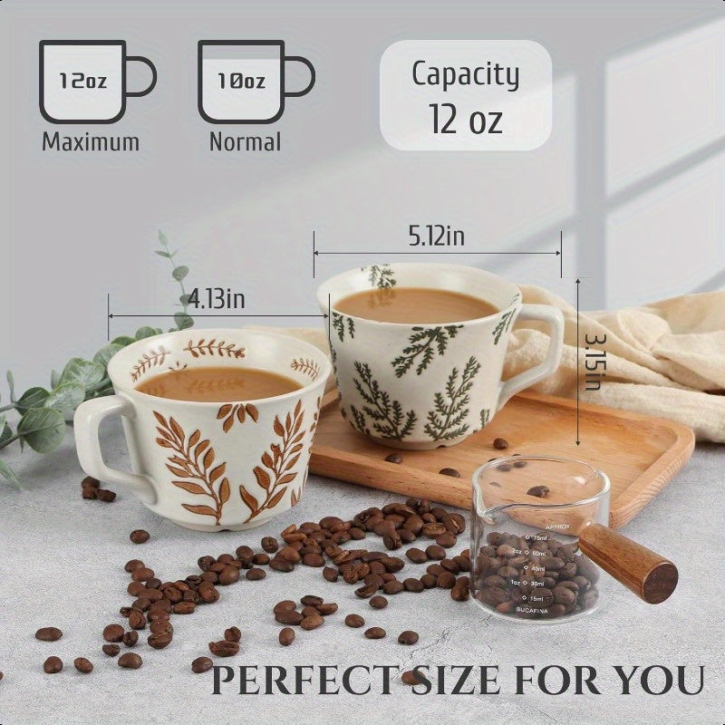 Ceramic Coffee Mug 12 oz Novelty Unique Teacup with Large Handle Stoneware Cup for Tea Mocha Latte Cappino Espresso Set of 2 Ivy and Leaf