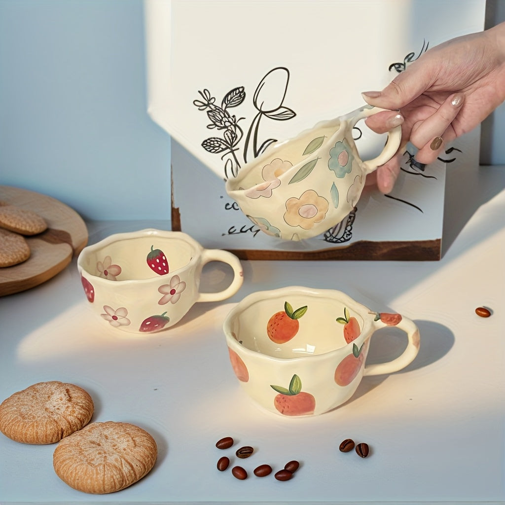 1pc Cute Fruit Ceramic Cup Floral Mug 8.5oz\u002F250ml Cream Color Ins Style Couple Cups with