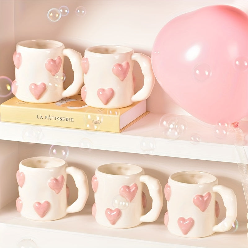 Hand-Painted | Ceramic Reusable High-Quality Hand-Painted Ceramic Coffee Mug with Pink Heart Design | Microwave Safe, White Interior, Perfect for Gifts | Playful Design, Glossy Finish Mug, Coffee Bar Accessories