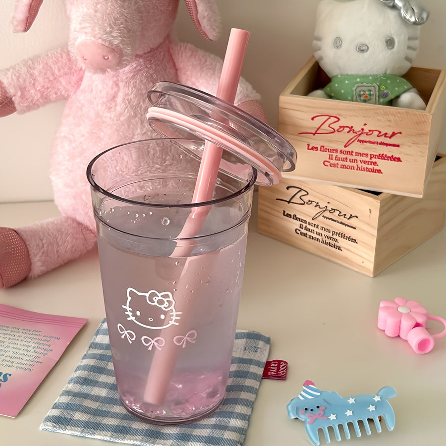 1pc Sanrio Hello Kitty 450ml Durable PC Plastic Water Bottle with Straw - Portable Reusable Cute Pink Design for Summer