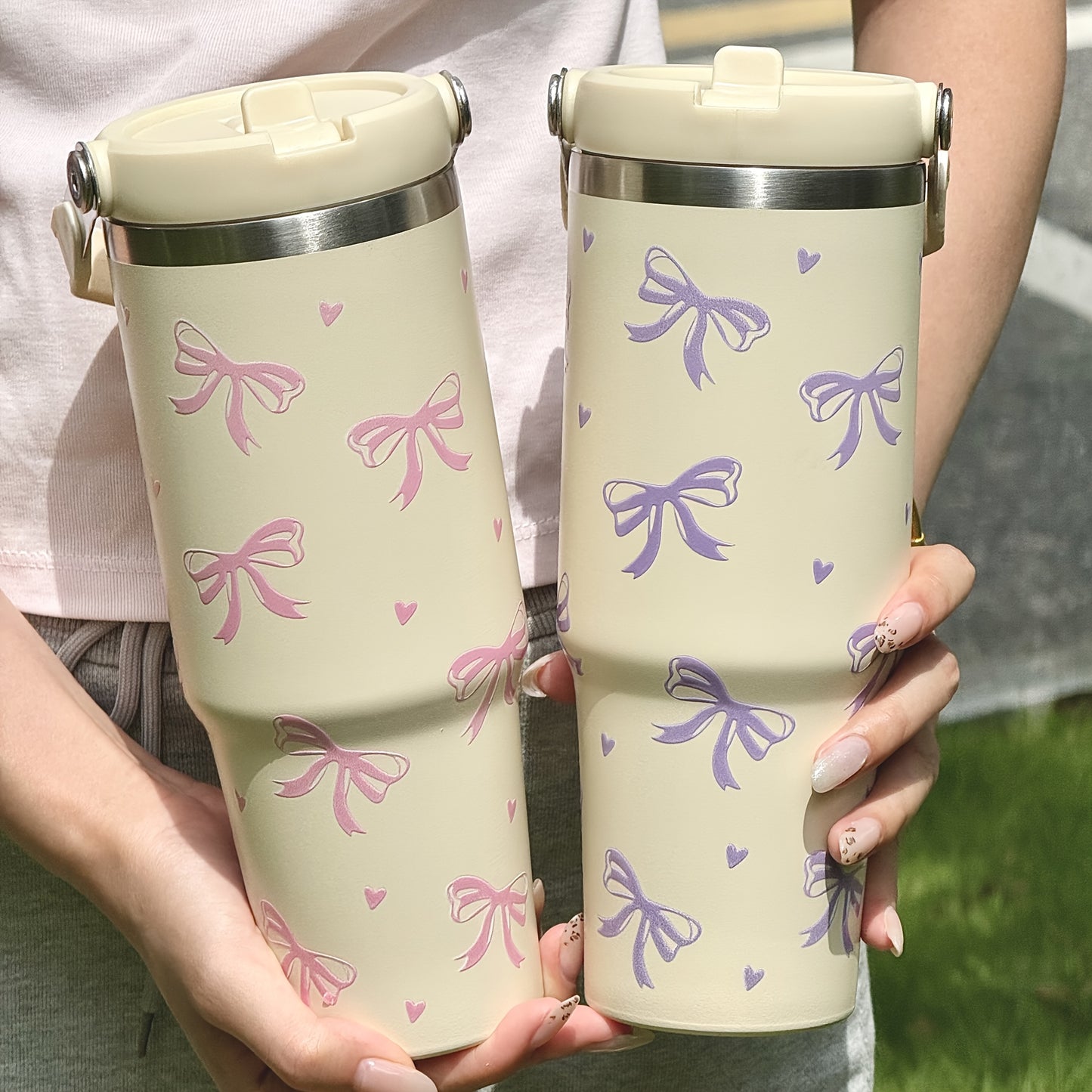 Insulated Travel Flask HILAKE 30oz Insulated Travel Flask with Handle - 1pc Leakproof Thermos for Hot\u002FCold Drinks, Beige & Pink Water Bottle, Cute Gift for Back to School, Weddings, Parties, Christmas, Thanksgiving, Mother's Day, Birthday