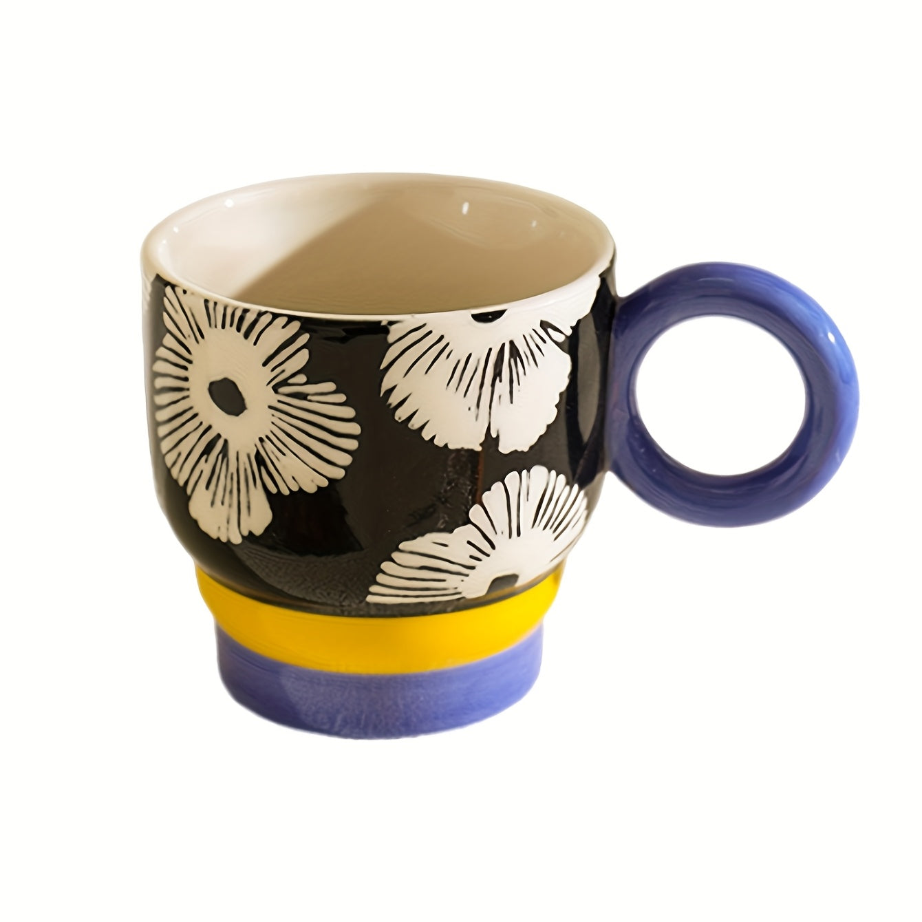 1pc Ceramic Hand-Painted Mug with Creative Ring Handle Design, Stylish Home Decor Cup for Tea