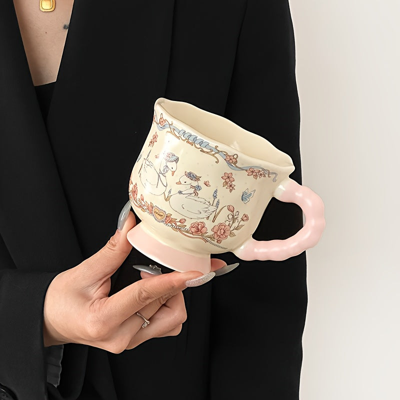 1pc Floral Swan Ceramic Mug - Large Capacity, Elegant Pink & White Design with Floral Patterns