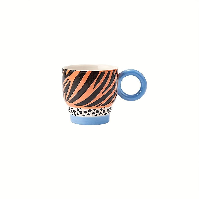 1pc Ceramic Hand-Painted Mug with Creative Ring Handle Design, Stylish Home Decor Cup for Tea
