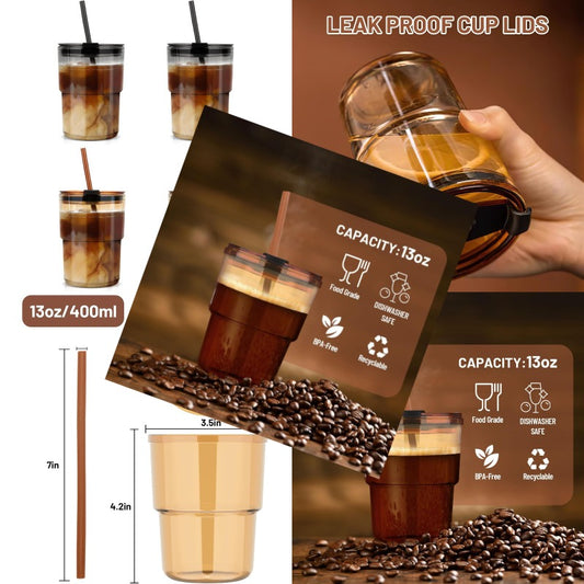 13oz Tumbler Water Glass Cups with Straw and Lid 4 Pack Reusable Glass Tumbler for Iced Tea Coffee Sealed CarryOn Travel Cups for Office Party Camping and Outdoor