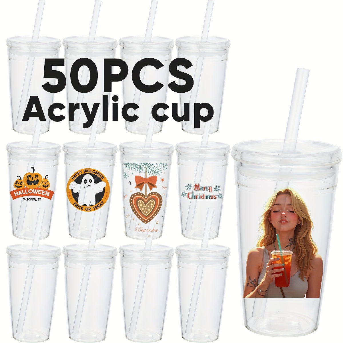 25pcs 50pcs Rounded Bottom Blank Uv Vinyl Print Reusable 500ml 16oz Clear Acrylic Plastic Coffee Tea Tumbler Cups with Lids And Straw for Juice Smoothie Matcha
