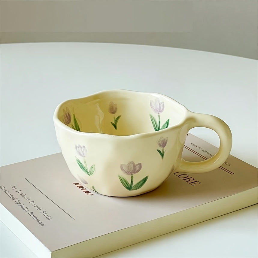 4pcs Floral Ceramic Mug Set, Handcrafted Irregular Shaped Coffee Cups, Multipurpose Reusable Flower Patterned Cups for Christmas, Thanksgiving, Valentine's, Father'S & Mother'S Day - Material, Machine Washable