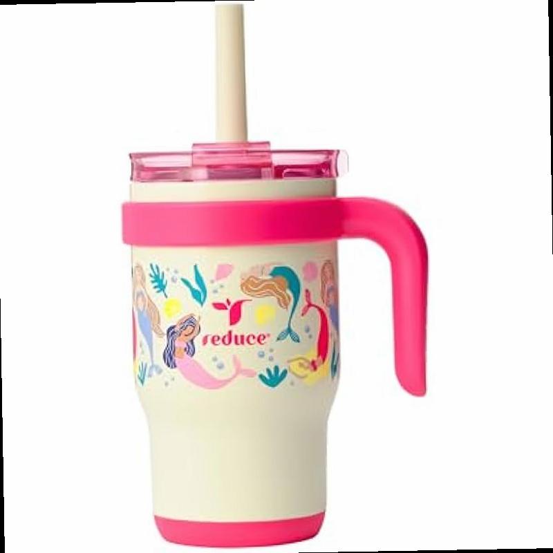 REDUCE 14 Oz Coldee Kids Tumbler with Lid and Straw Coldee Insulated Travel Mug Spill Proof Sweatproof Stainless Steel BPA Free Includes Handle Reusable Silicone Straw Pink Mermaid