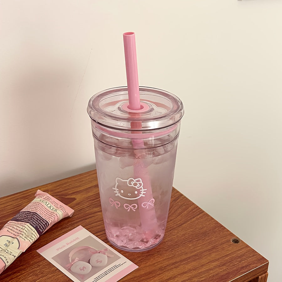 1pc Sanrio Hello Kitty 450ml Durable PC Plastic Water Bottle with Straw - Portable Reusable Cute Pink Design for Summer